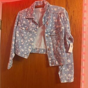 Old Navy Light Blue Jean Jacket with White Floral Design